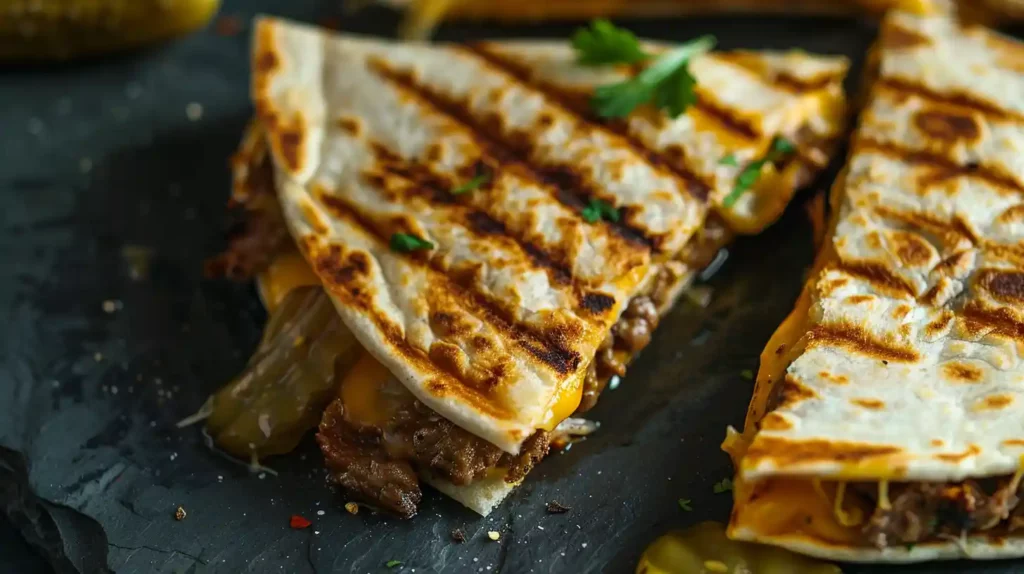 Grilled Smashburger Quesadillas stacked with pickles and melted cheese