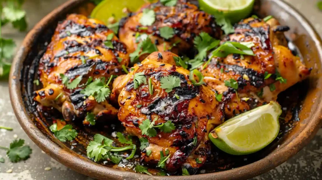 Plate of Smoky Vietnamese Grilled Chicken with fresh garnish