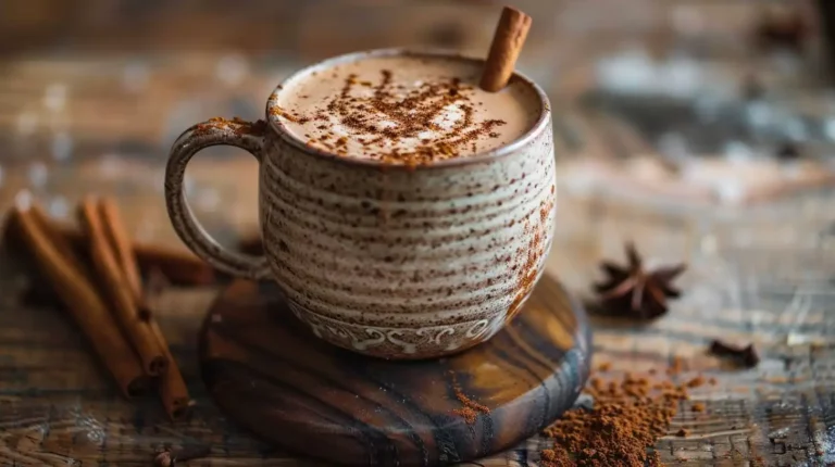 Spiced hot cocoa benefits drink with cinnamon stick in artisan mug