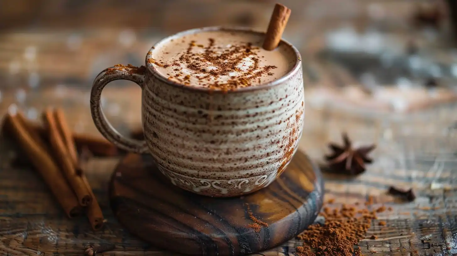 Spiced hot cocoa benefits drink with cinnamon stick in artisan mug
