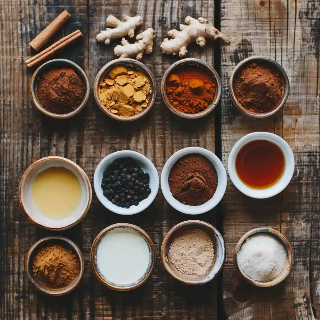 Spiced hot cocoa ingredients displayed in ceramic bowls on a rustic wooden table