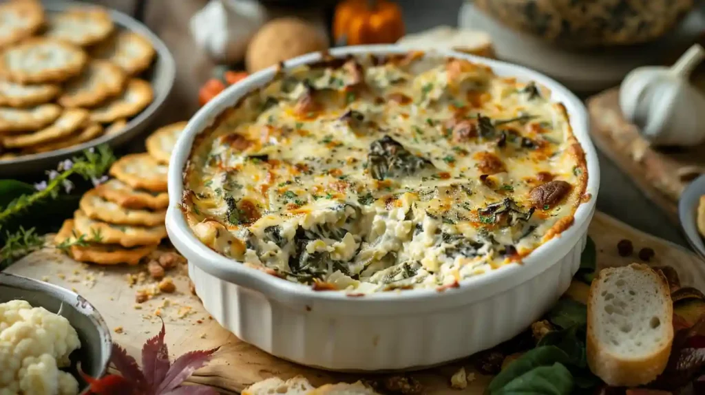 Close-up of creamy baked Spinach Artichoke Dip for Thanksgiving