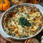 Spinach Artichoke Dip for Thanksgiving surrounded by bread and pumpkins
