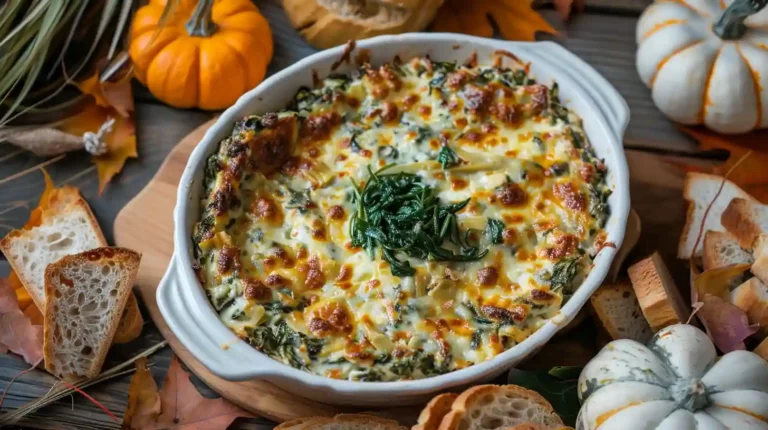 Spinach Artichoke Dip for Thanksgiving surrounded by bread and pumpkins