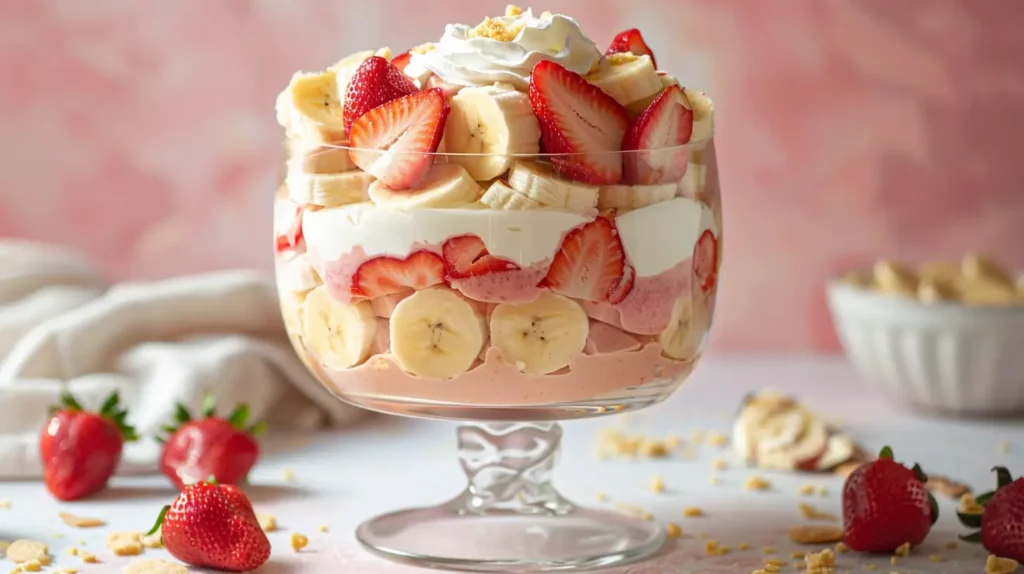 Strawberry banana pudding dream with layers of whipped cream and fruit