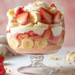 Strawberry banana pudding dream with layers of whipped cream and fruit