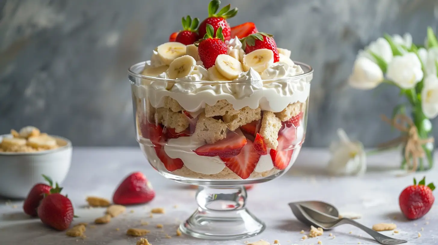Strawberry banana pudding trifle with whipped topping and fresh fruit