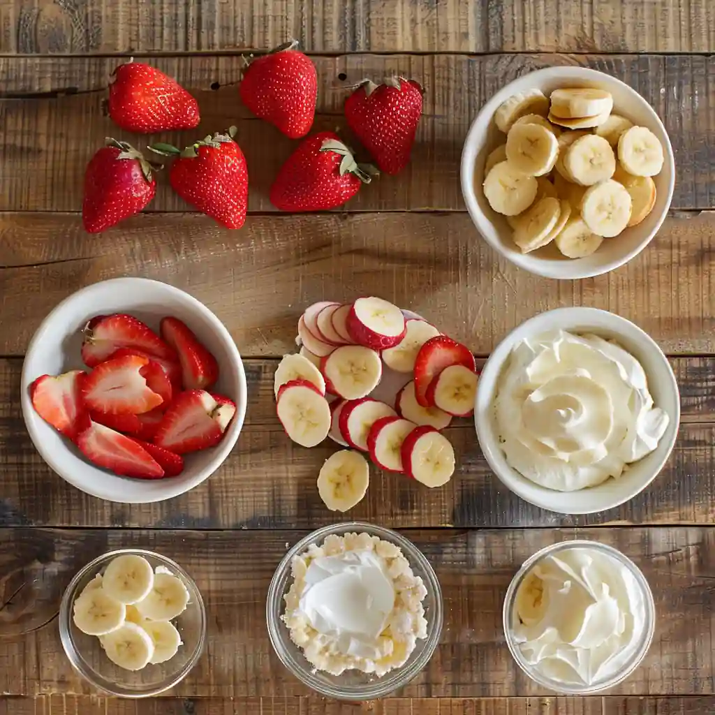 Strawberry banana pudding ingredients including fresh fruit, whipped cream, and wafers
