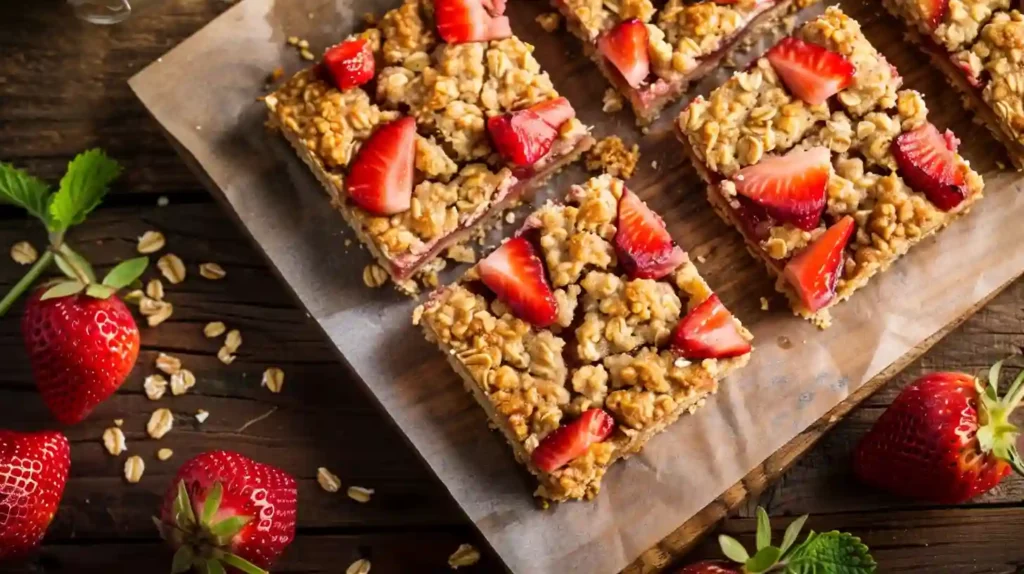 Strawberry oatmeal bars topped with fresh strawberries and oats
