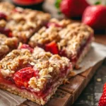 Close-up of strawberry oatmeal bars with gooey strawberry filling