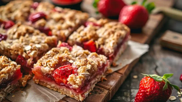Close-up of strawberry oatmeal bars with gooey strawberry filling