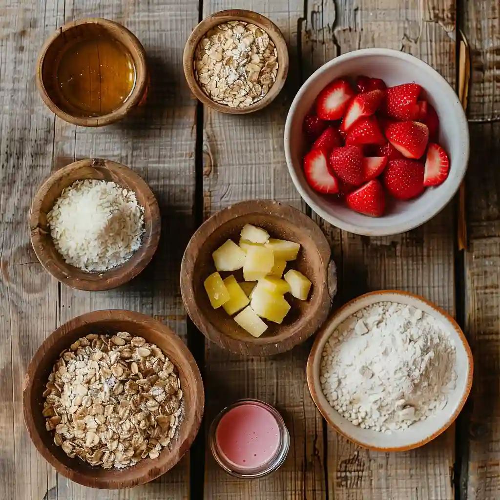 Ingredients for strawberry oatmeal bars including oats, strawberries, flour, and honey
