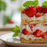 Slice of Strawberry Shortcake Cake with cream and strawberry layers