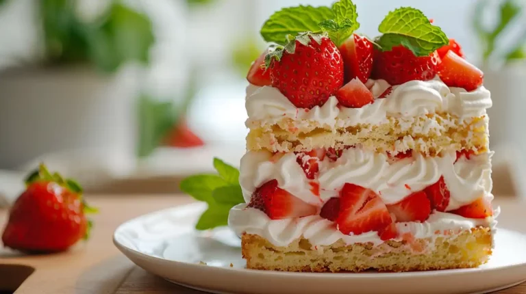 Slice of Strawberry Shortcake Cake with cream and strawberry layers