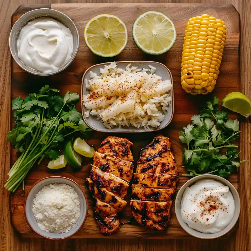 Street corn chicken and rice bowls ingredients including grilled chicken and fresh herbs