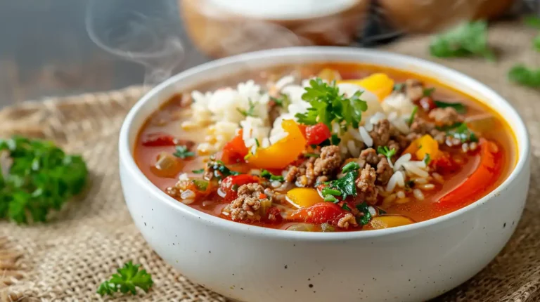 Stuffed pepper soup with rice, ground beef, and bell peppers