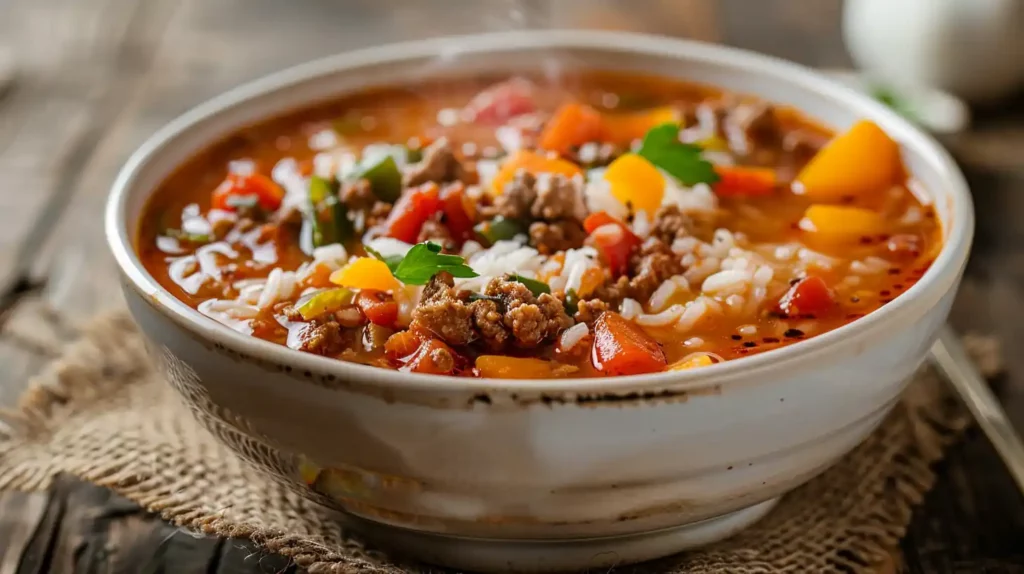 Bowl of stuffed pepper soup with beef, tomatoes, and rice