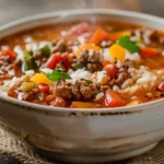 Bowl of stuffed pepper soup with beef, tomatoes, and rice