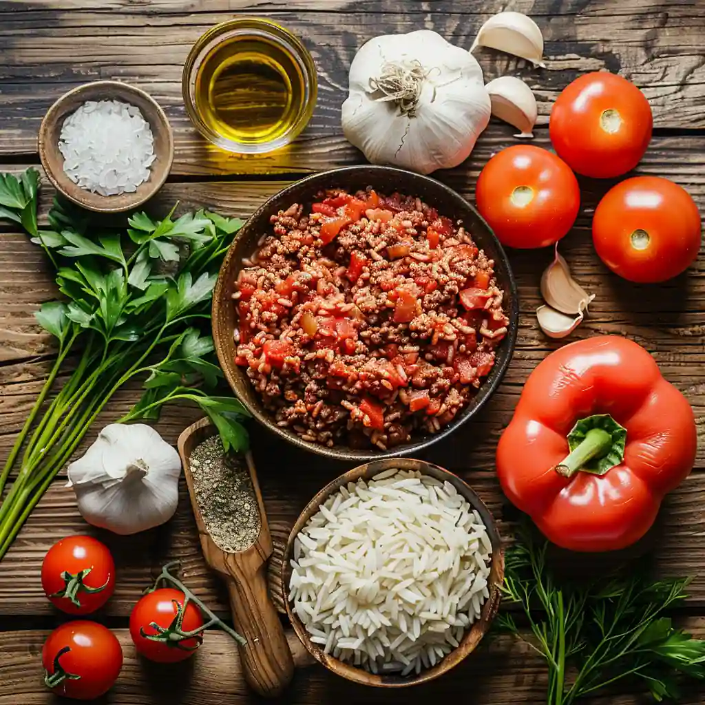 Ingredients for stuffed pepper soup including rice, ground beef, and bell peppers
