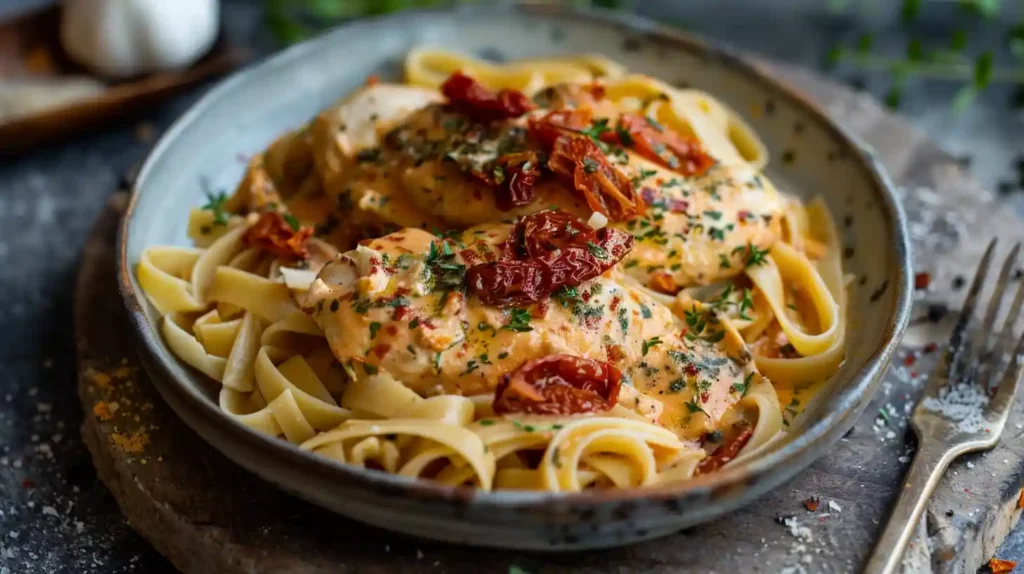 Sun-Dried Tomato Chicken Practically Cooks Itself served with pasta