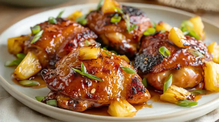 Sweet & Sticky Pineapple Bourbon Chicken glazed with pineapple chunks