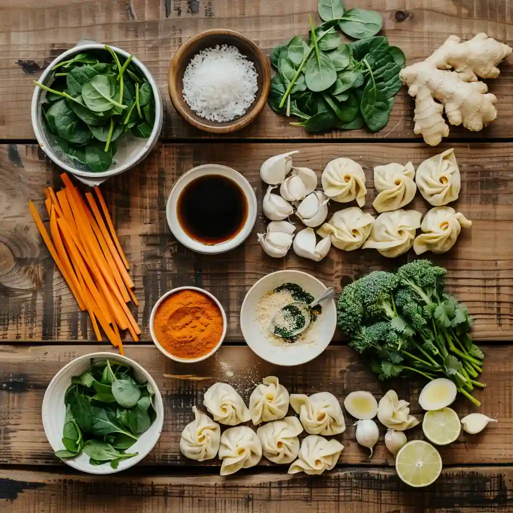 Ingredients for Thai Coconut Curry Dumpling Soup arranged on a rustic wooden table