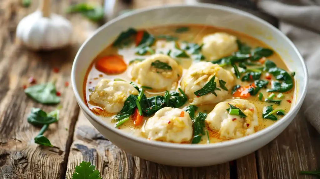 Overhead shot of Thai Coconut Curry Dumpling Soup with herbs and vegetables