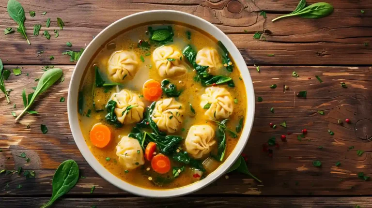Bowl of Thai Coconut Curry Dumpling Soup with fresh spinach and carrots
