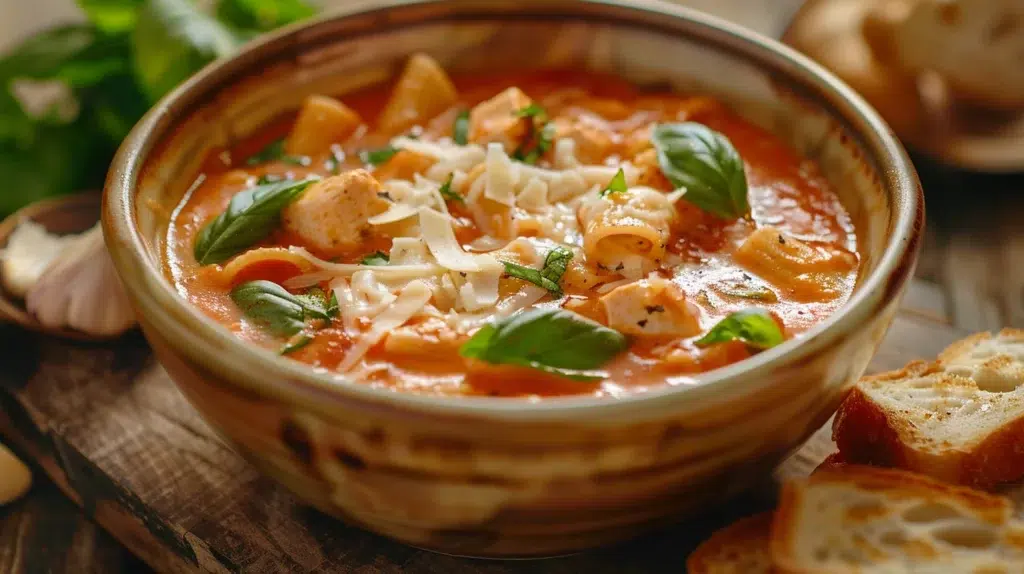 Close-up of creamy chicken parmesan soup in a rustic bowl with basil garnish.