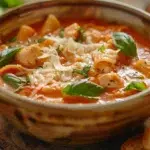 Close-up of creamy chicken parmesan soup in a rustic bowl with basil garnish.