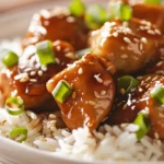 Bowl of bourbon chicken pieces glazed in a rich sauce, garnished with sesame seeds and green onion, served over white rice