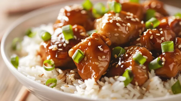 Bowl of bourbon chicken pieces glazed in a rich sauce, garnished with sesame seeds and green onion, served over white rice