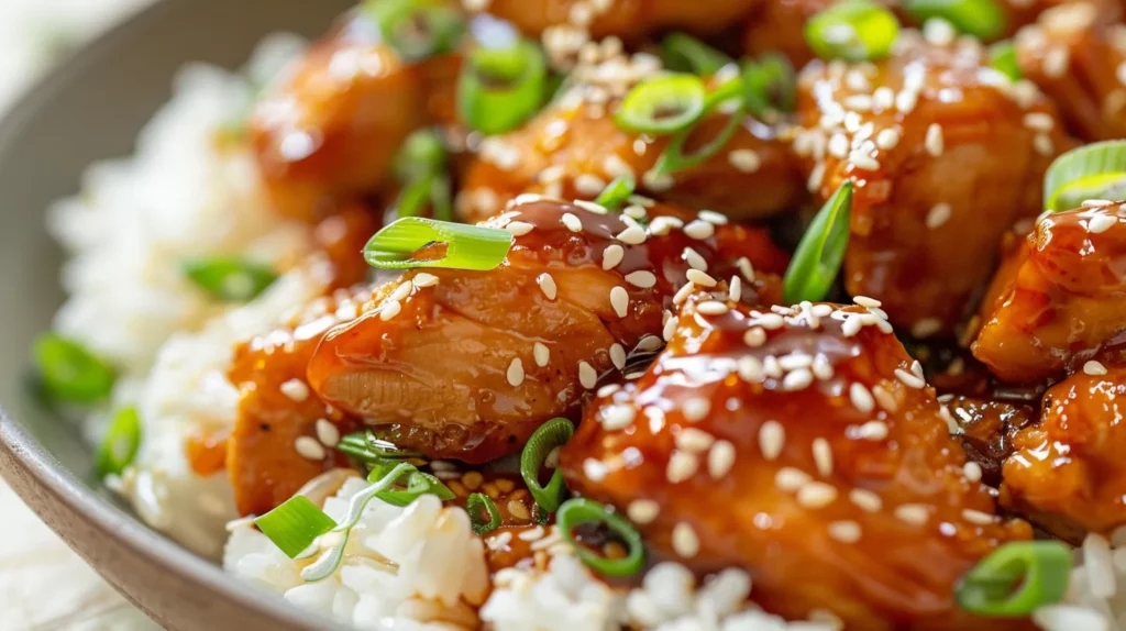 Close‑up of bourbon chicken showing glossy sauce coating, sesame seeds, and green onion slices