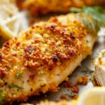 Baked dill pickle parmesan chicken fillets on a tray with lemon slices and herbs.