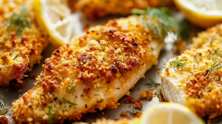 Baked dill pickle parmesan chicken fillets on a tray with lemon slices and herbs.