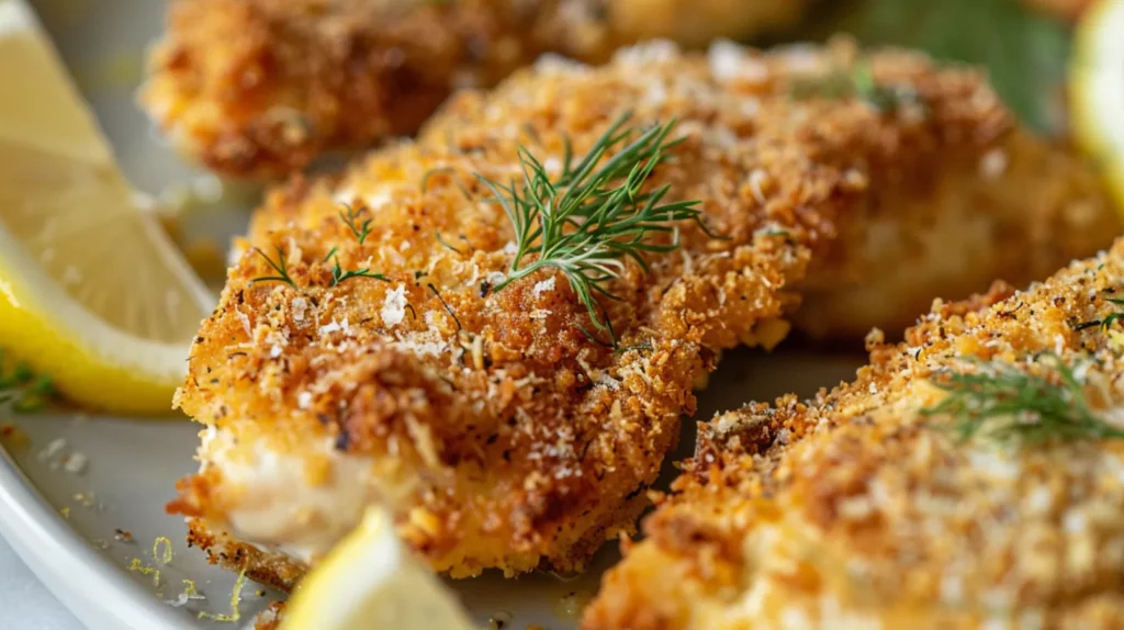 Close-up of crispy baked dill pickle parmesan chicken with dill garnish.