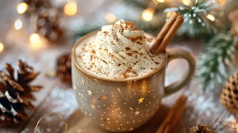 A festive mug of chai latte topped with whipped cream and cinnamon, surrounded by pinecones and Christmas lights.
