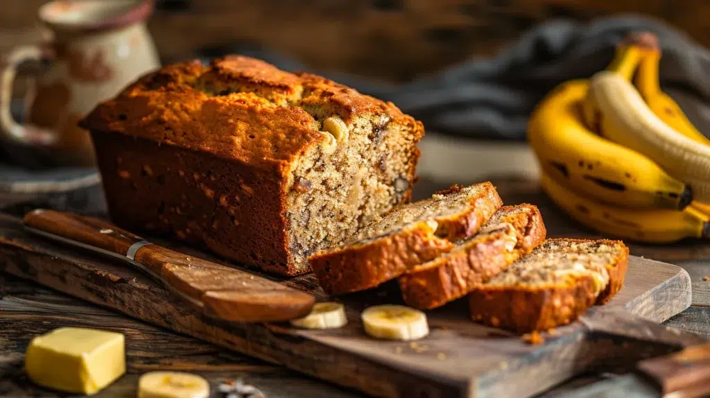 Moist banana bread loaf with visible banana pieces and slices, placed on a rustic cutting board.