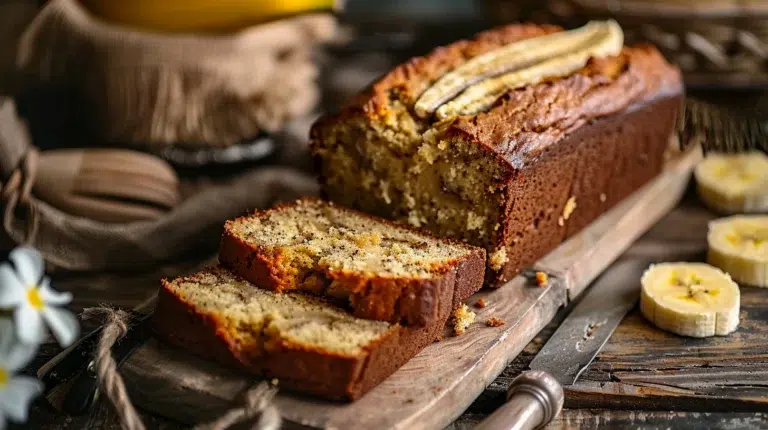 Sliced banana bread loaf with a banana on top, served on a wooden board with rustic decor.