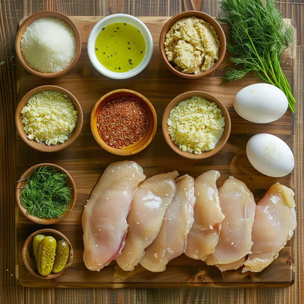 Top-down view of ingredients for Dill Pickle Parmesan Chicken Recipe on a wooden board.