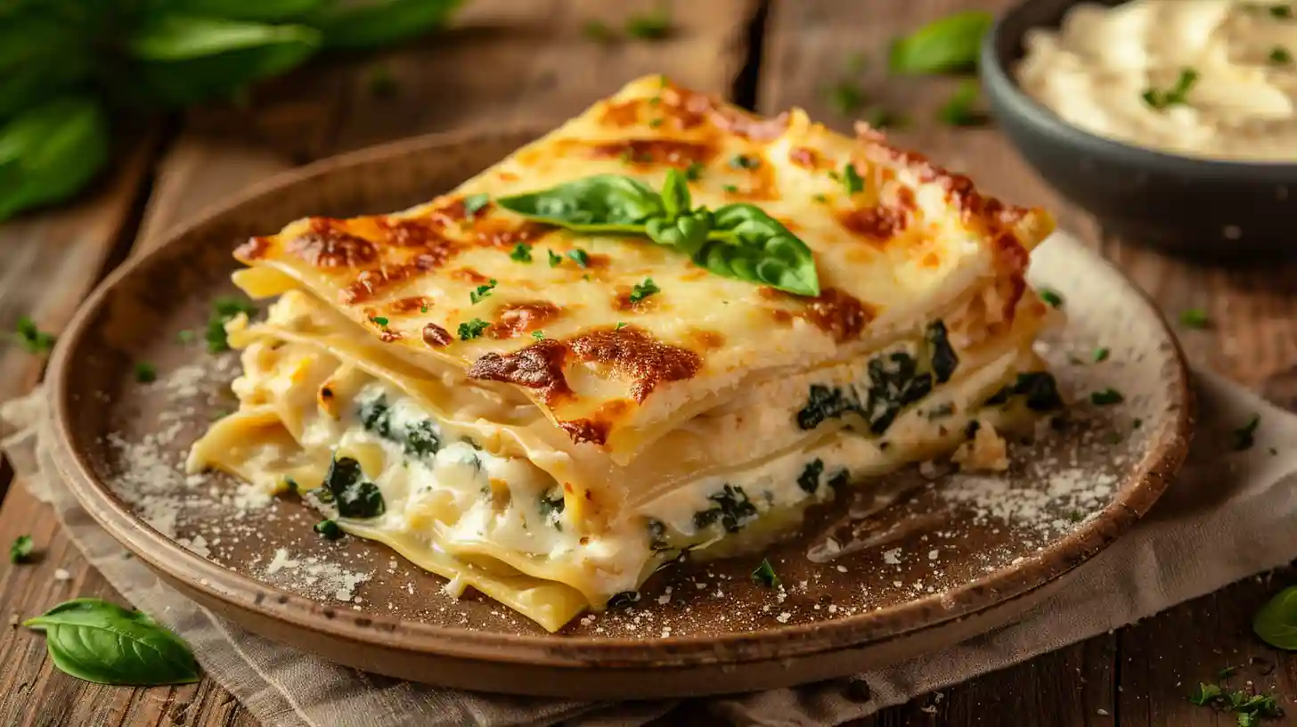 Delicious white lasagna recipe served on a rustic plate with fresh herbs