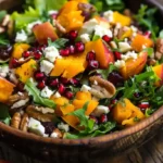 Winter salad recipe bowl with roasted squash, greens, feta, and pomegranate