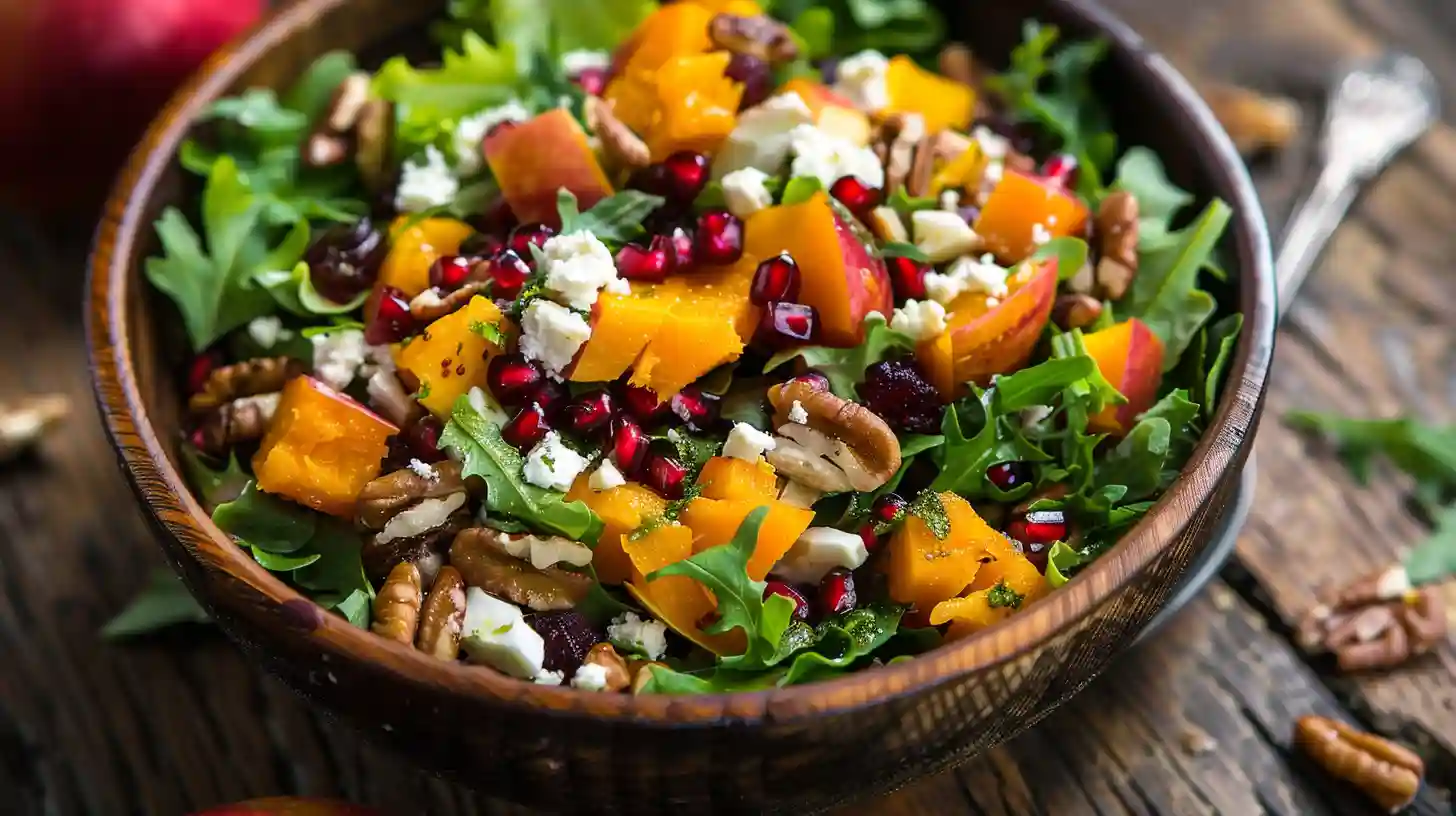 Winter salad recipe bowl with roasted squash, greens, feta, and pomegranate