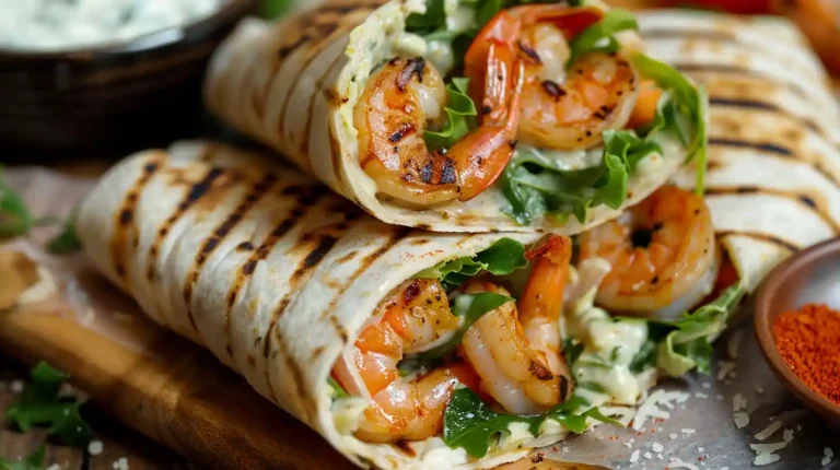 Close-up of zesty shrimp Caesar wrap cut and served