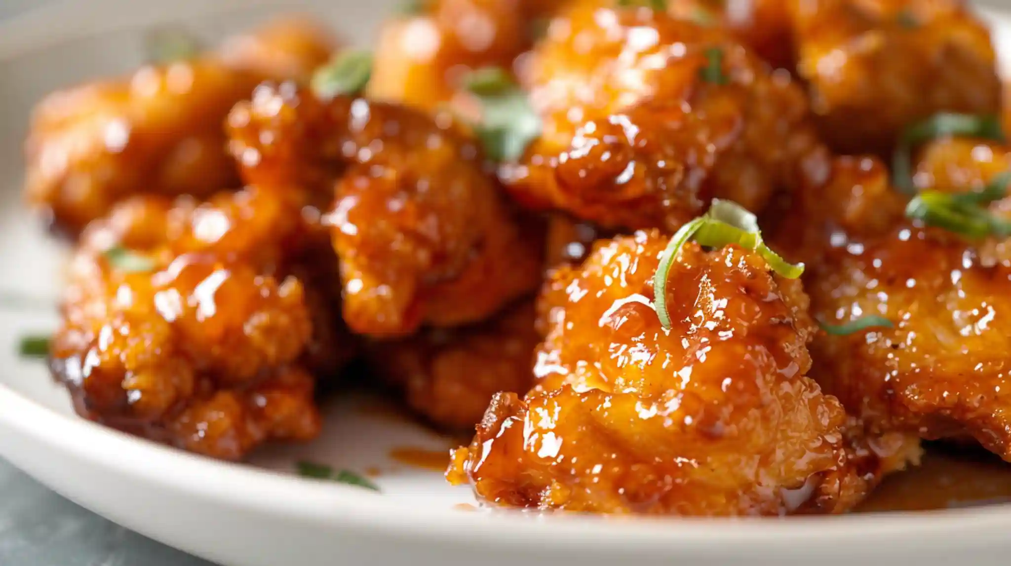 Close-up of sticky glazed 3 Ingredient Orange Chicken garnished with scallions.