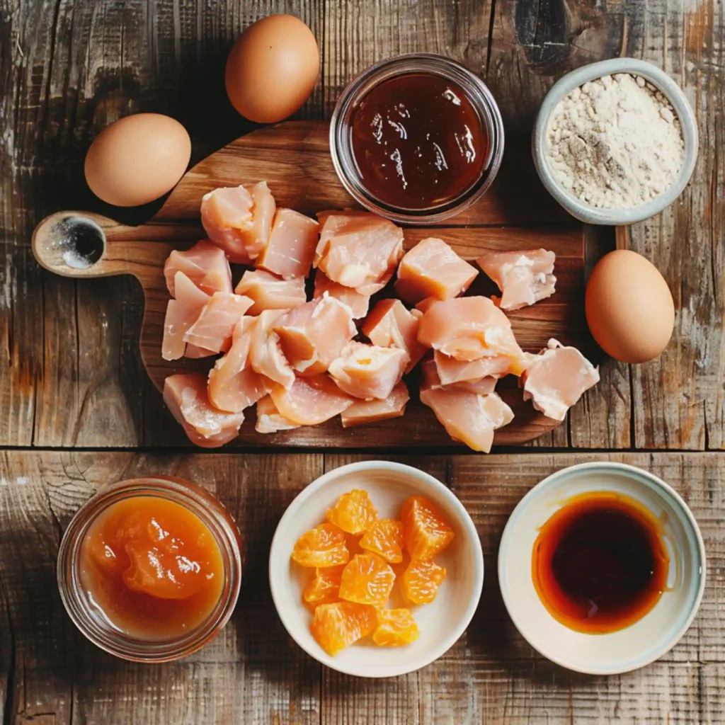 Ingredients for 3 Ingredient Orange Chicken on a wooden board.