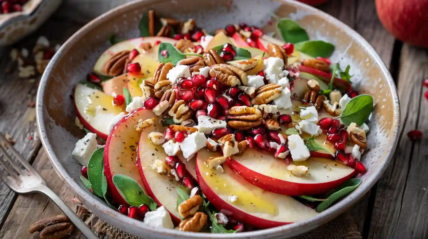 Autumn apple and feta salad with pecans and pomegranate seeds