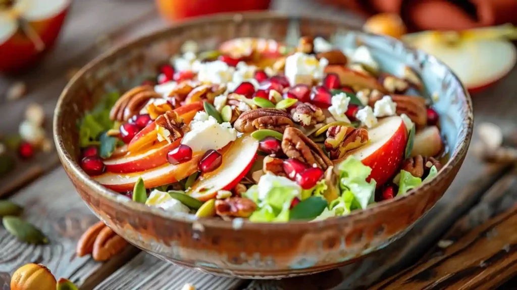 Autumn Harvest Honeycrisp Apple & Feta Salad with mixed greens, nuts, and pomegranate