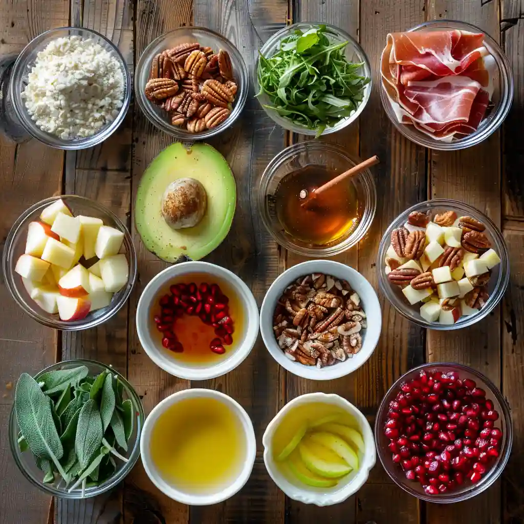 Ingredients for apple feta salad including arugula, apple slices, feta, and pomegranate