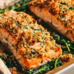 Baked Salmon With Spinach topped with golden herb crust